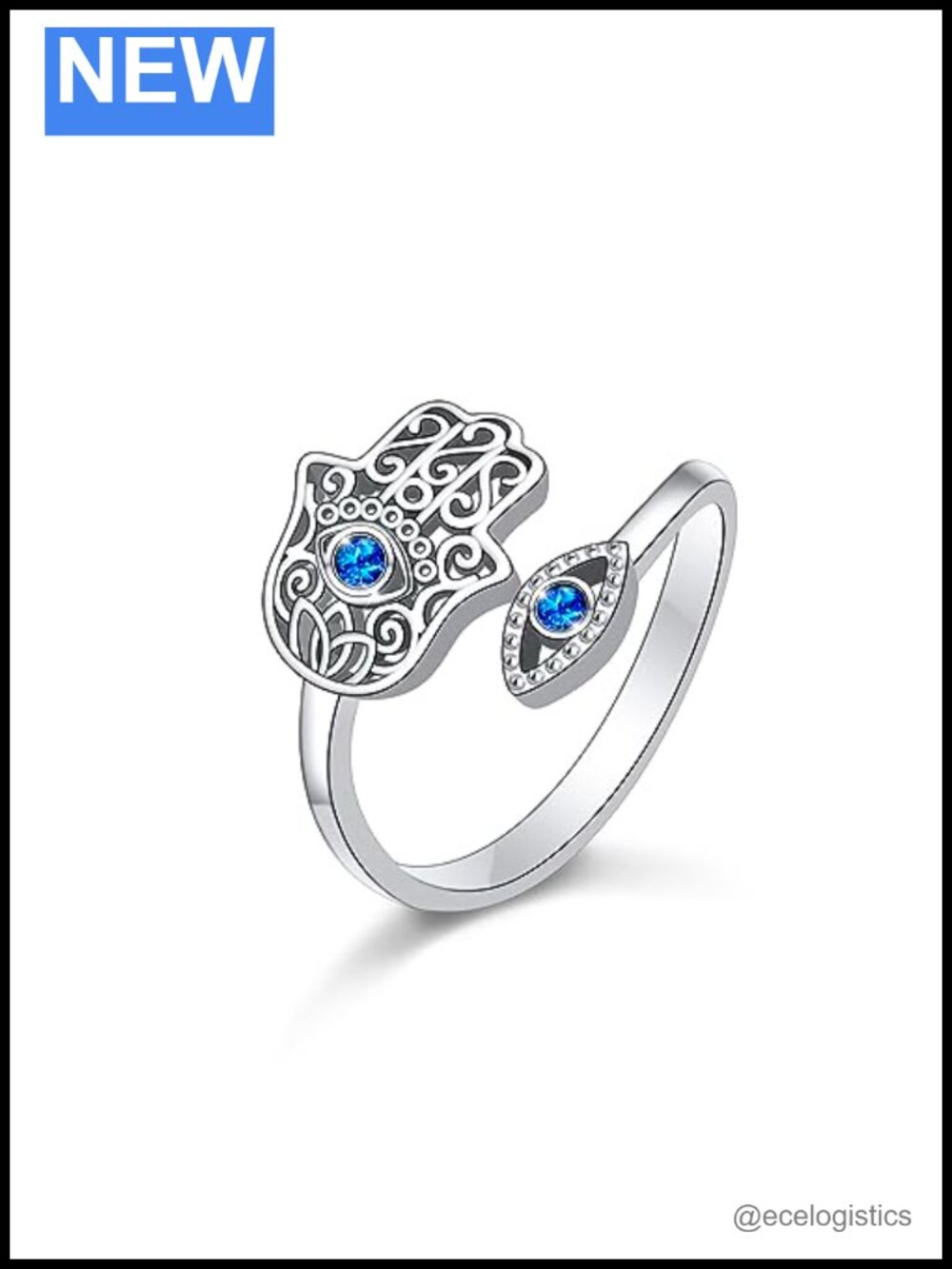 925 Sterling Silver Adjustable Open Ring Hamsa Evil Eye Statement Jewelry Gift